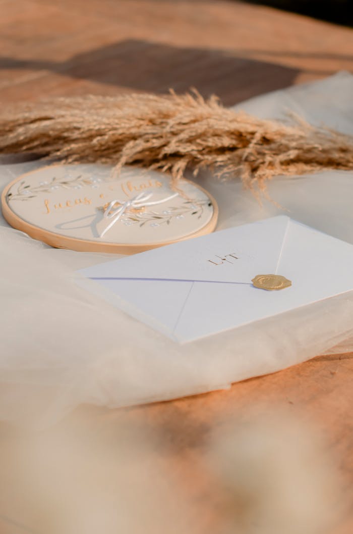 gallery-5 Elegant wedding invitation with pampas grass and decorative plate - perfect for rustic wedding themes.