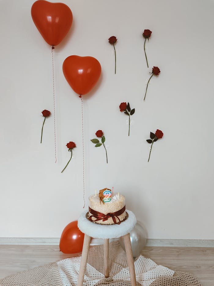 why-choose-us Romantic birthday decor with heart balloons and roses, featuring a cake on a stool.